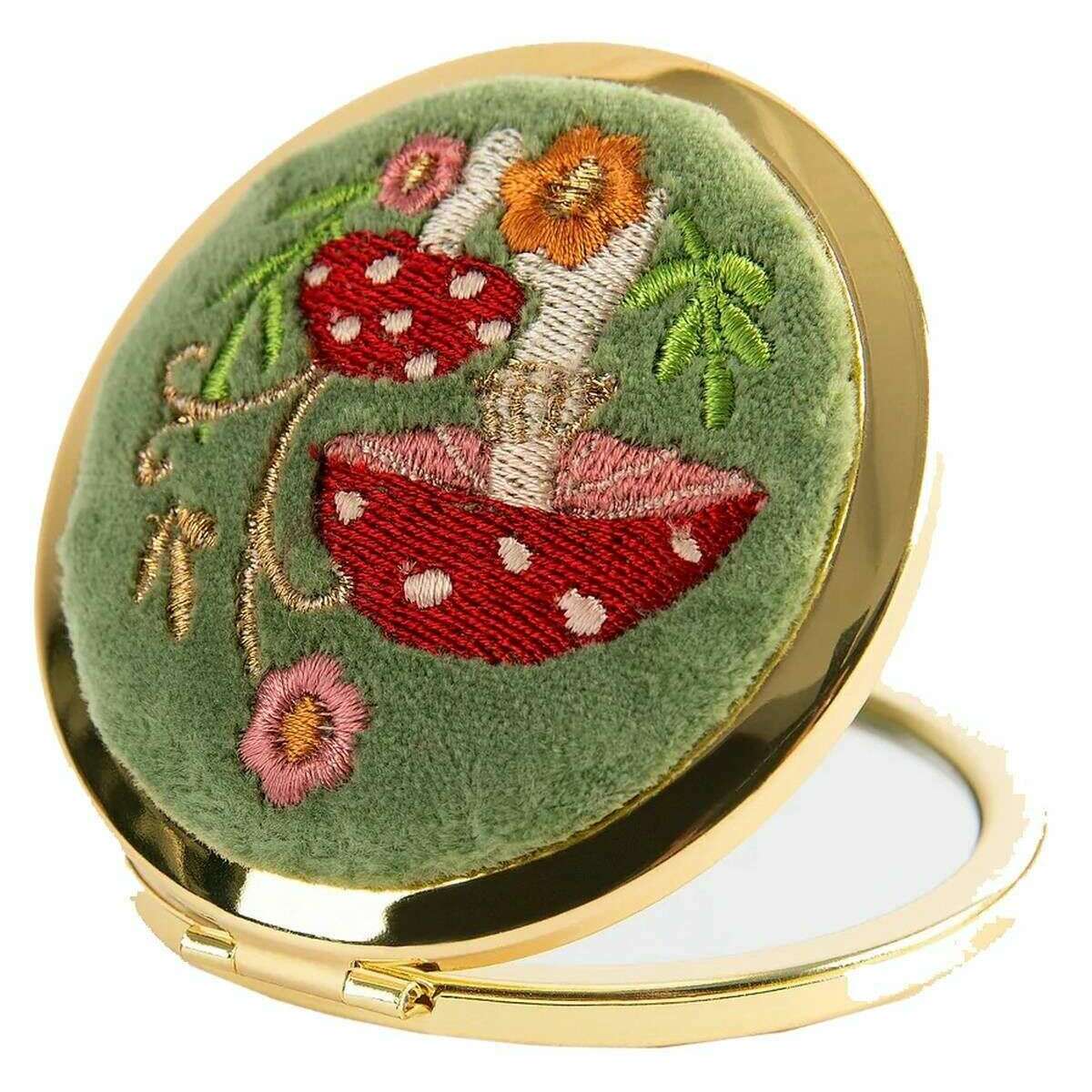 Embroidered Toadstools Sage Green Powder Womens Embroidered Toadstools Compact Mirror KJ ...