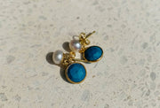 Pearls of the Orient Button Pearl Turquoise Drop Earrings - Gold/White/Turquoise Blue