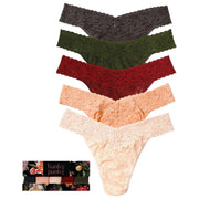 Hanky Panky Signature Lace Original Rise 5 Pack Thongs - Granite Grey/Woodland Green/Clay/Dark Pomegranate