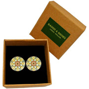 Bassin and Brown Kaleidoscope Flower Spray Cufflinks - Green/White/Orange