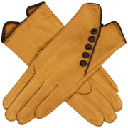 Dents Faux Suede Button Gloves - Ochre Yellow/Chocolate Brown