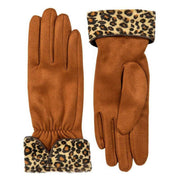 Dents Leopard Print Cuff Touchscreeen Velour-Lined Faux Suede Gloves - Cognac Brown