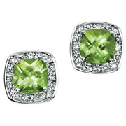 Elements Gold Cushion Cut Diamond Surrounded Peridot Earrings - Silver/Green