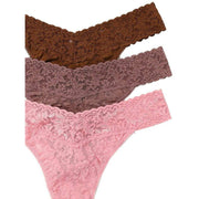 Hanky Panky Signature Lace 3 Pack Original Rise Thong - Pink Lady/Artichoke/Macchiato Brown