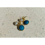 Pearls of the Orient Button Pearl Turquoise Drop Earrings - Gold/White/Turquoise Blue