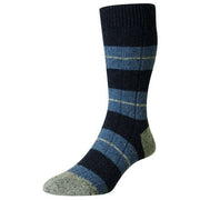 Scott Nichol Bayfield Merino and Silk Block Stripe Rib Socks - Navy Fleck