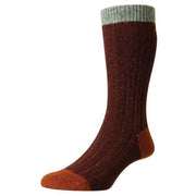 Scott Nichol Thornham Merino and Silk Rib Contrast Heel and Toe Socks - Maroon Fleck