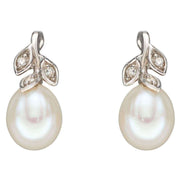 Elements Gold Pearl and Dimond Leaf Design Earrings - White Gold