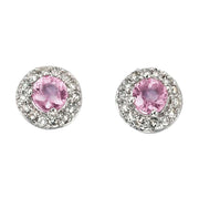 Elements Gold Sapphire and Diamond Cluster Stud Earrings - Pink/White Gold