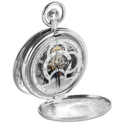 Woodford Chrome Plated Twin Time Zone Double Full Hunter Skeleton Mechanical Pocket Watch - Silver